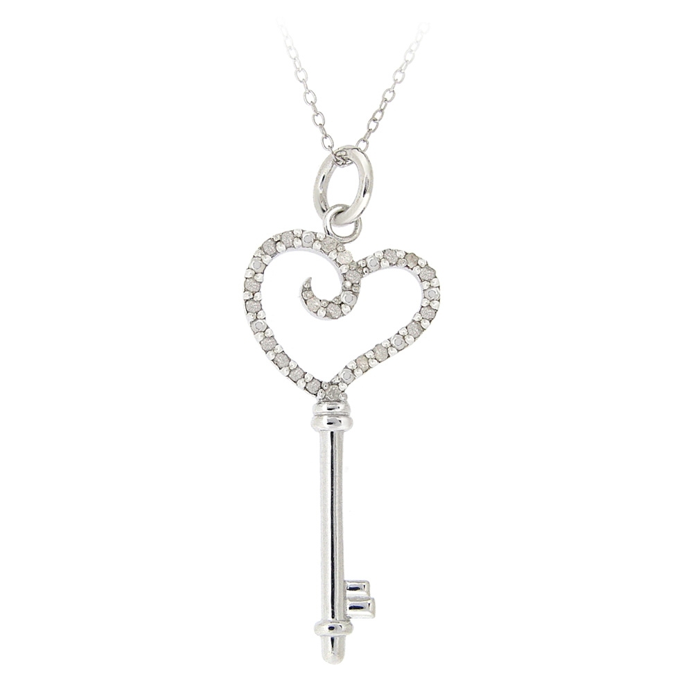 925 Sterling Silver 0.20ct TDW White Diamond Heart Key Necklace