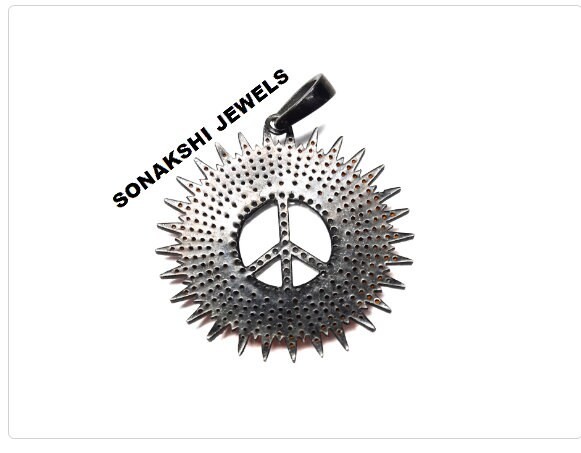Pave Diamond Peace Sign Pendant: Orange Cubic Zircon, Sterling Silver Pendant
