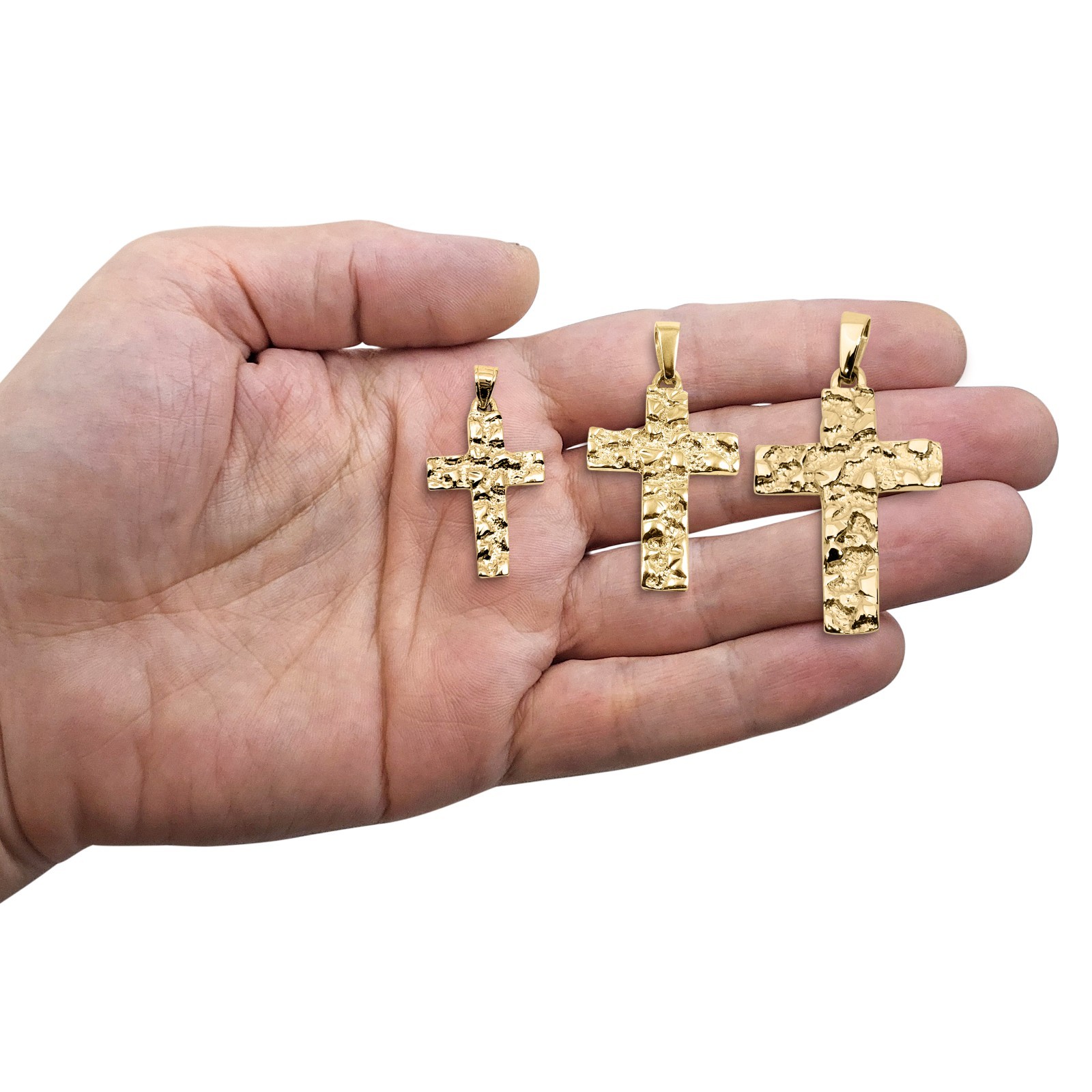 Real 10K Yellow Gold Nugget Cross Handcarved Mens Gold Cross Pendant All Sizes