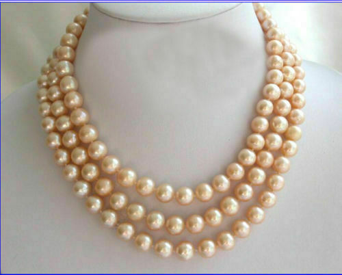triple strands 9-8 mm south sea gold pink pearl necklace 18″19″20″