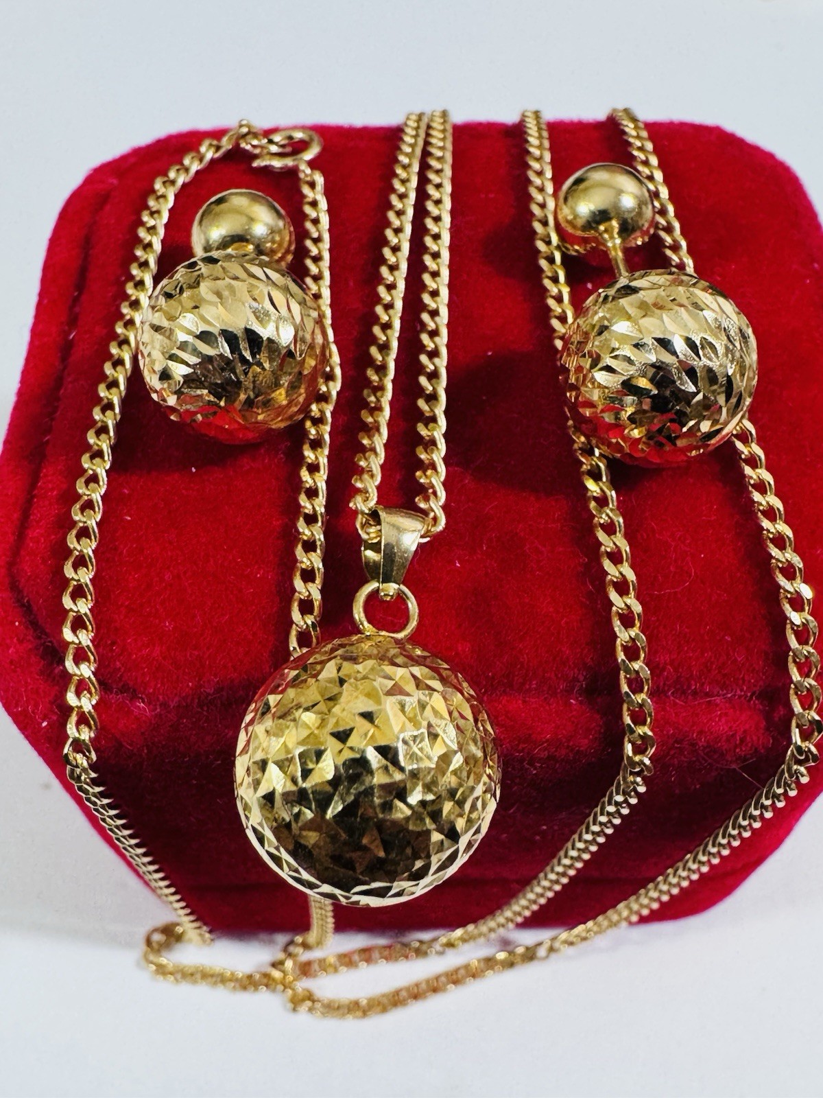 18K 750 Real Fine Gold Women’s Balls Earring & Necklace 23.5/24” long 10.4g 2mm