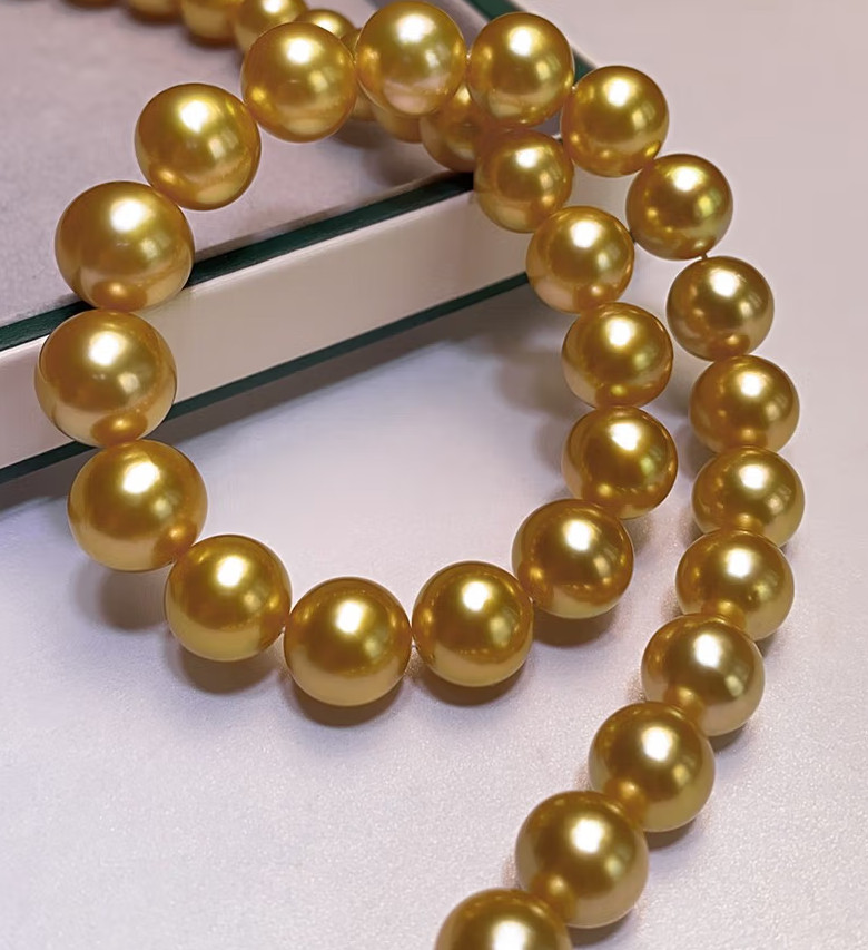 HUGE 18″11-12mm natural south sea genuine gold perfect round pearl necklace 14K