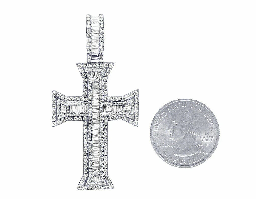10k White Gold Finish Baguette Cut 2 CT VVS1 Diamond Cross Pendant Charm