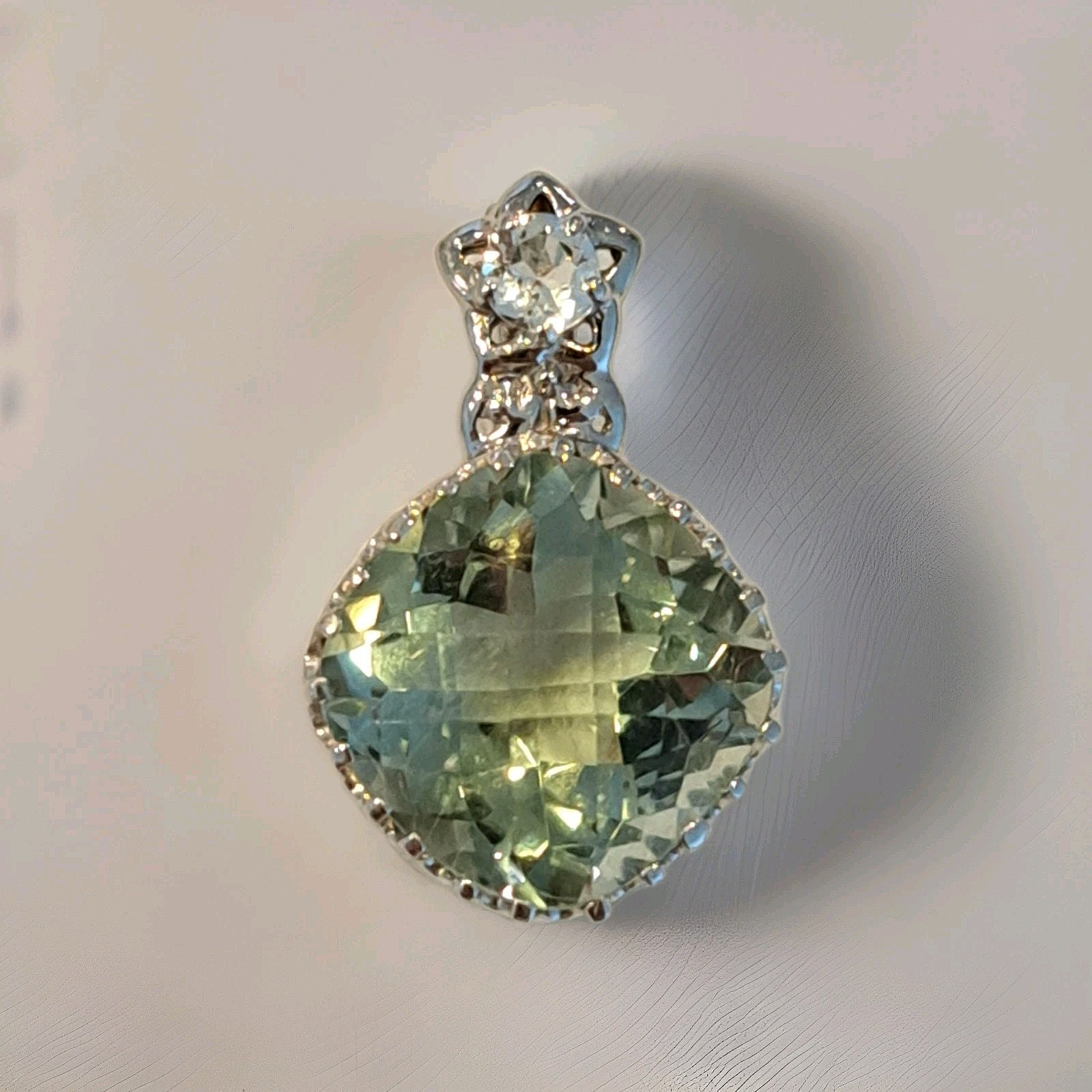 Checker Board Cut Cushion Green Amethyst Pendant in 925 Silver Enhancer Bail
