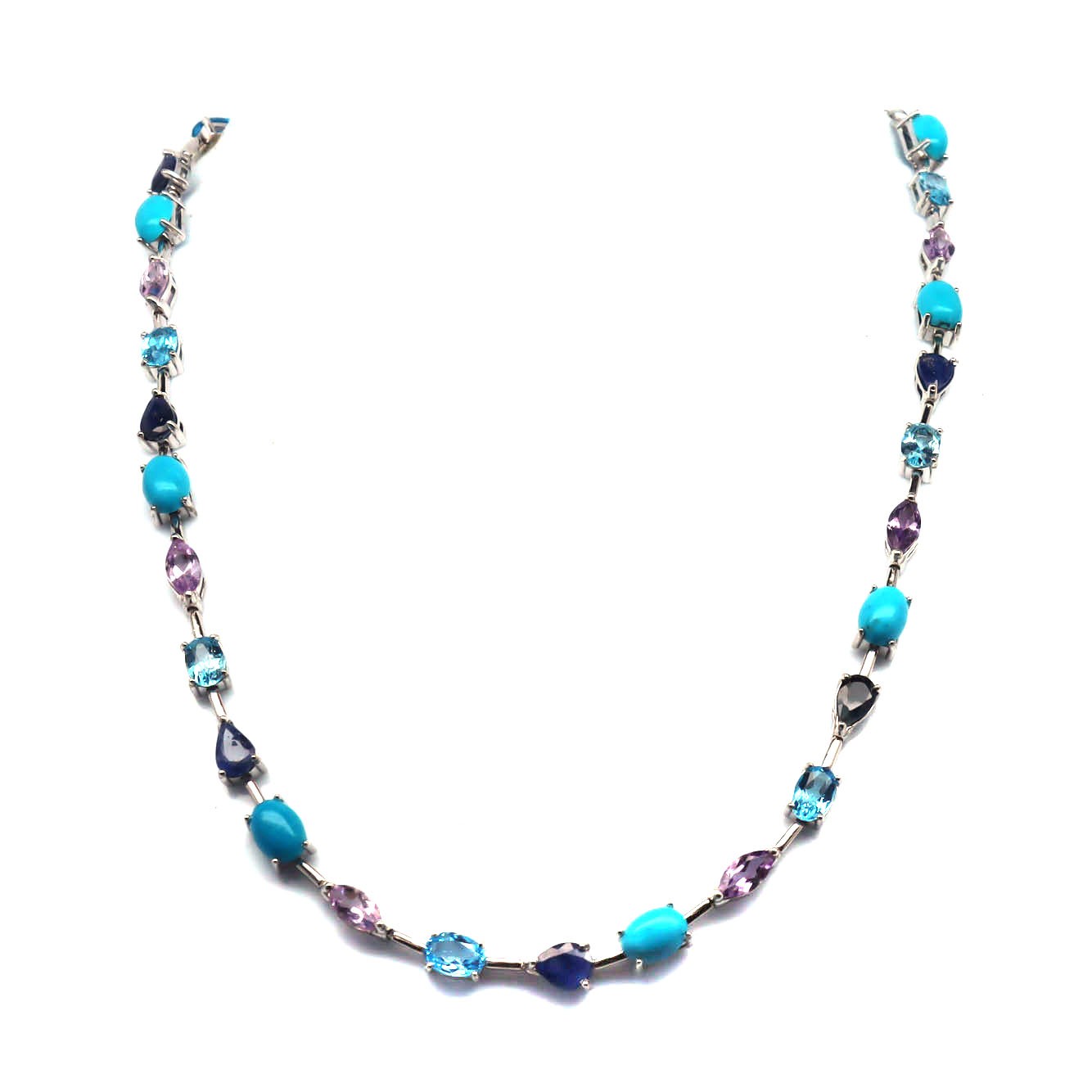 Natural Blue Turquoise Topaz Amethyst Sapphire Necklace 925 Sterling Silver 15in