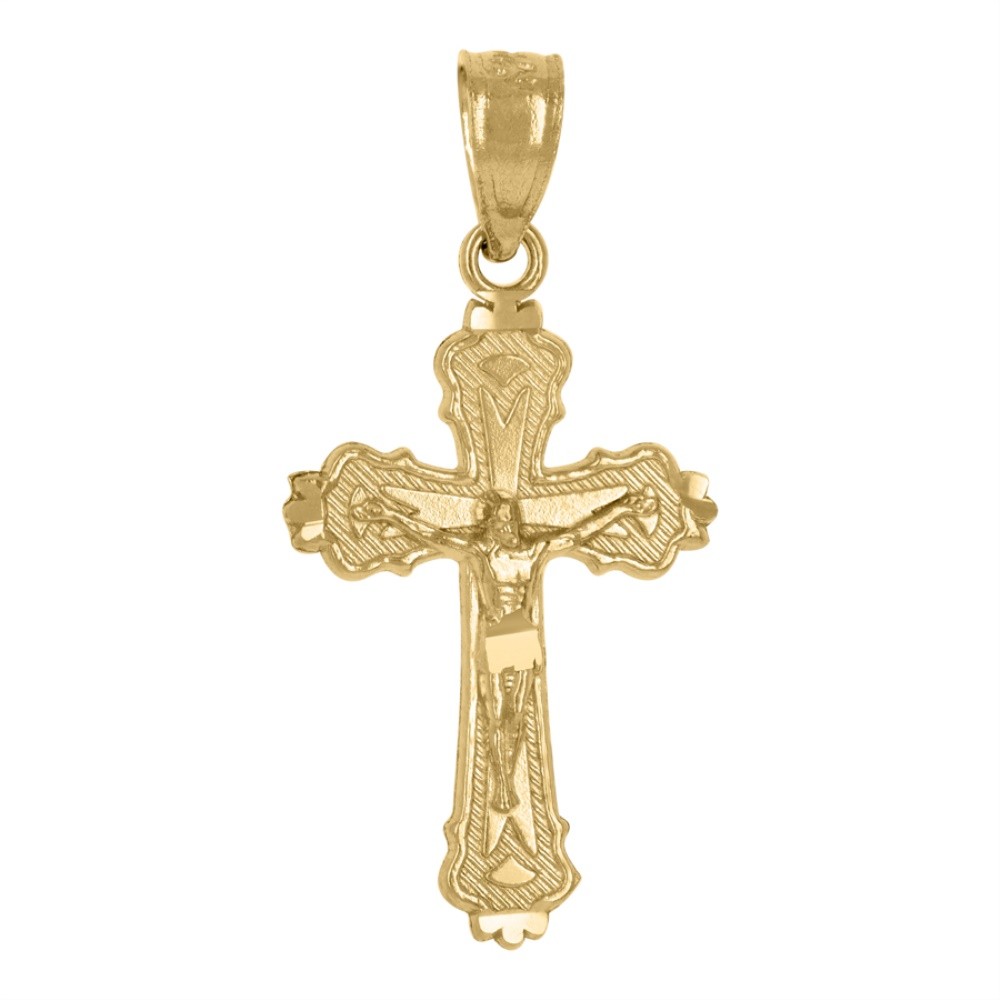 14K Yellow Gold Diamond-Cut Cross Crucifix Religious Charm Pendant 0.7gm