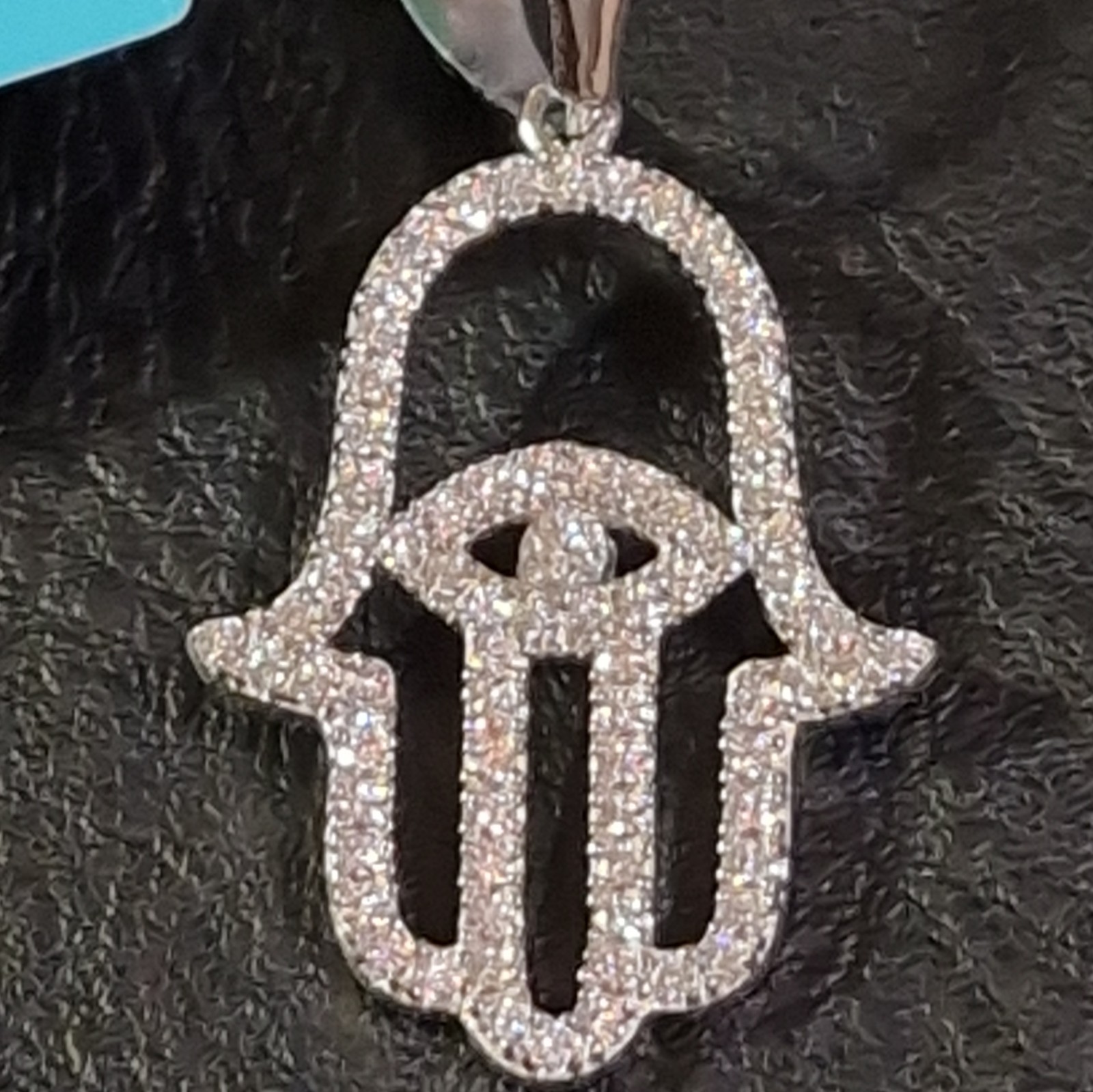 925 Sterling Silver Moissanite Hamsa Hand Pendant & Cuban Link Necklace 20″