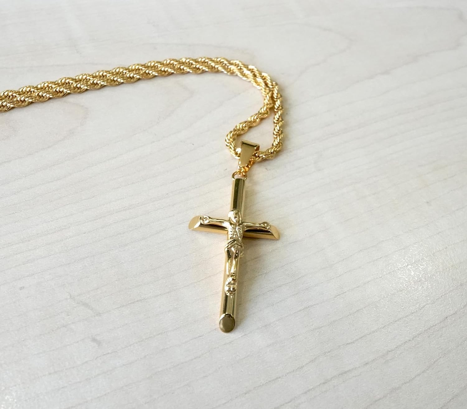 14K Gold Rope Chain Crucifix Style Cross Pendant Necklace for Men Husband 20″
