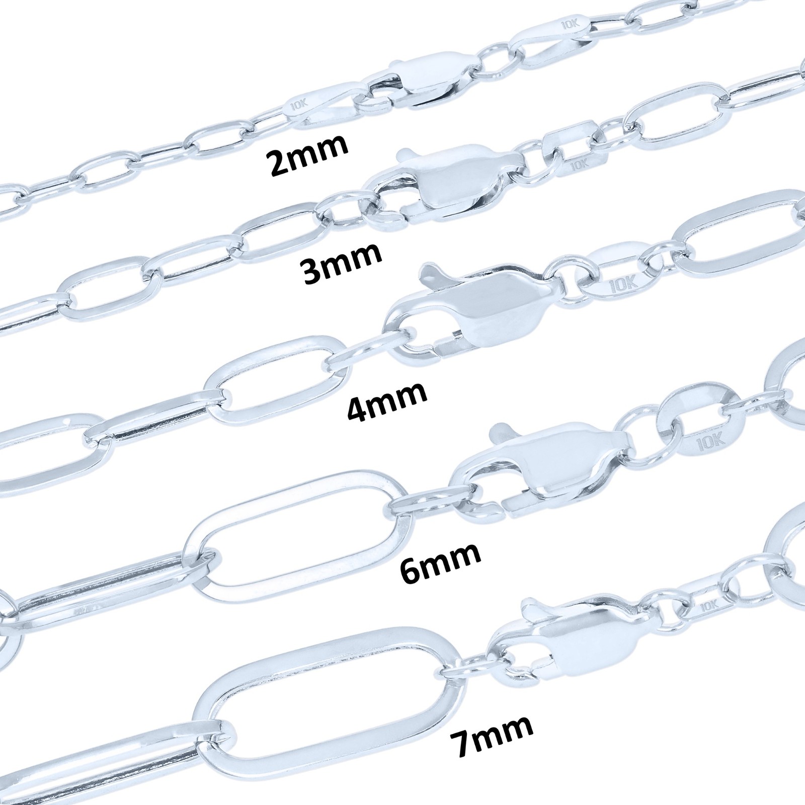 10k White Gold Paperclip 2mm-7mm Chain Oval Cable Necklace Mens Womens 16″-24″