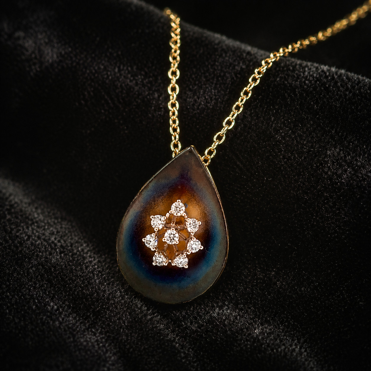 Natural Diamond Lotus Pendant Necklace 14K Yellow Gold, Floral Diamond Necklace