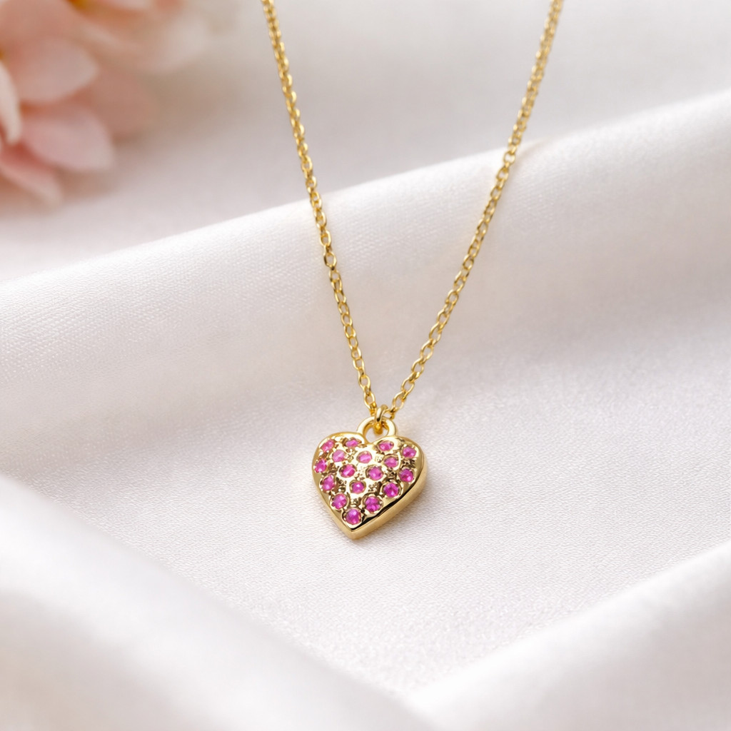 Ruby Heart Charm 925 Sterling Silver Handmade Dainty Necklace – Valentine Gift