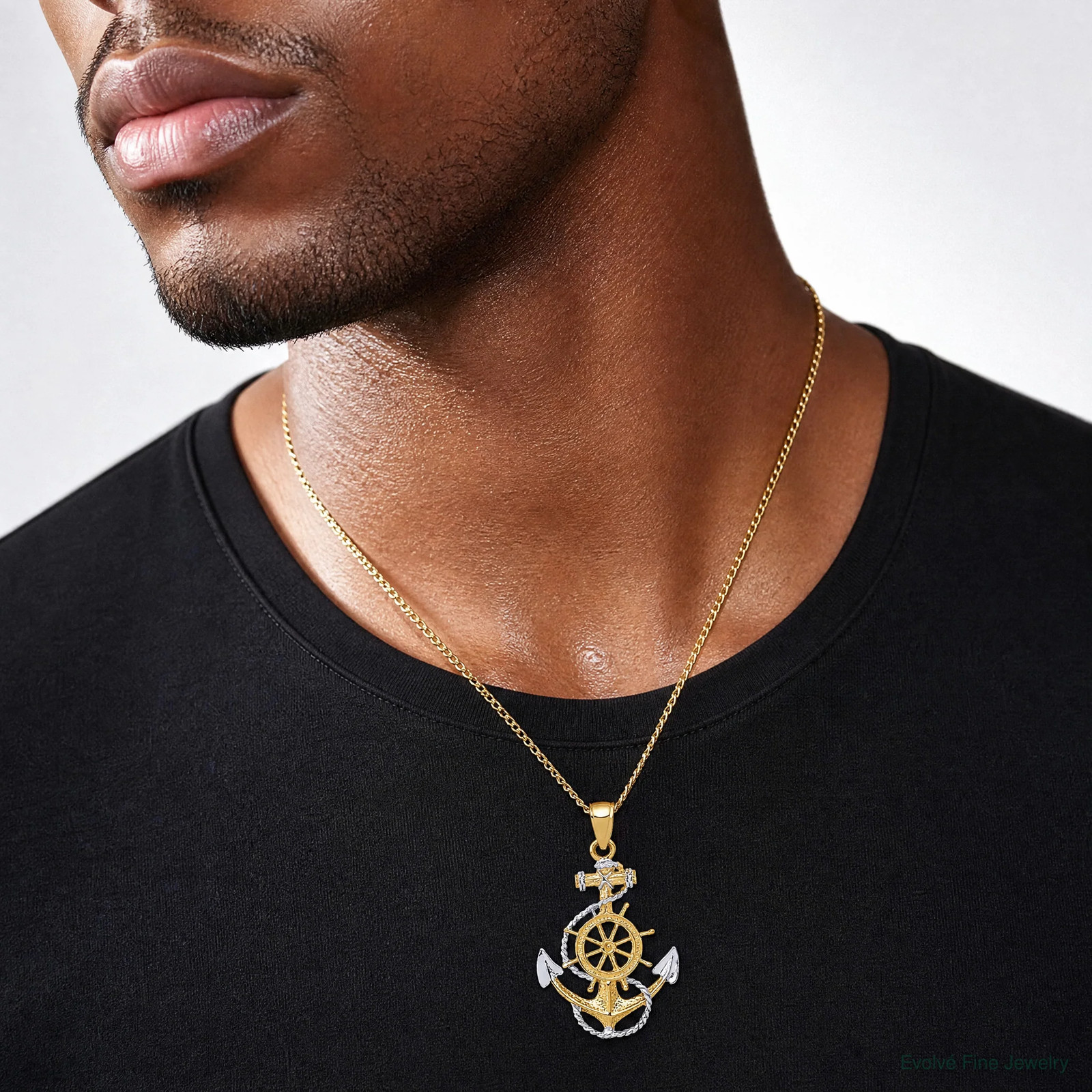 10K / 14K Yellow With Rhodium With Rhodium Anchor With Rope Pendant