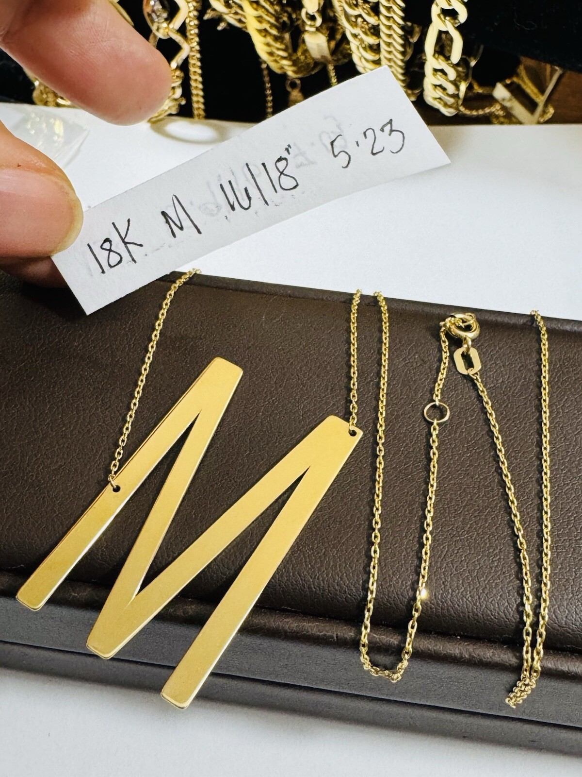18K 750 Dubai Fine Gold Letter M initial Necklace 16.5/17.5” Long 1mm 5.2g