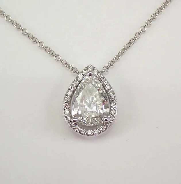 3 Ct Pear Cut Real Moissanite Halo Teardrop Pendant 14K White Gold Plated Silver