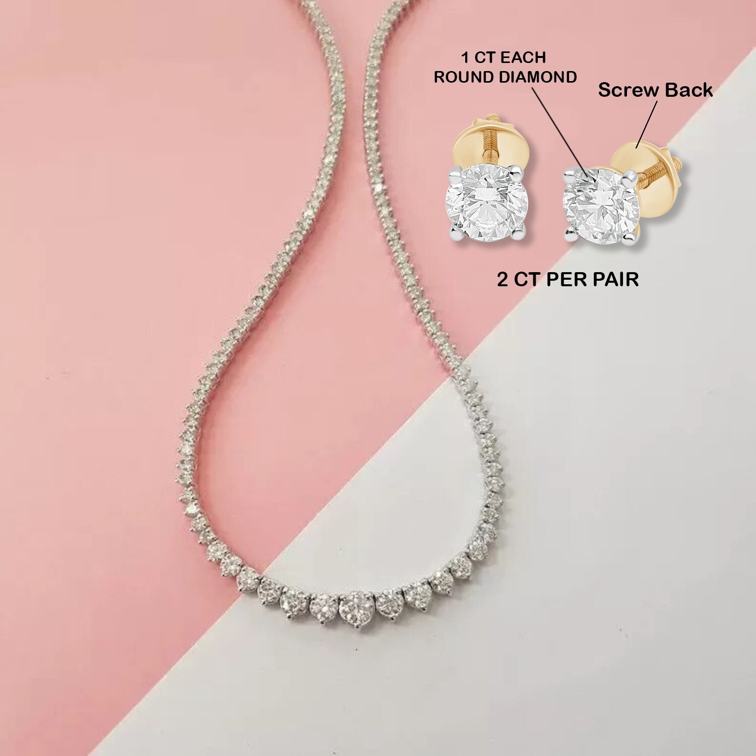 10K Gold Certified Lab Grown 7CT Diamond Tennis Necklace & 2Ct Stud Earring pair