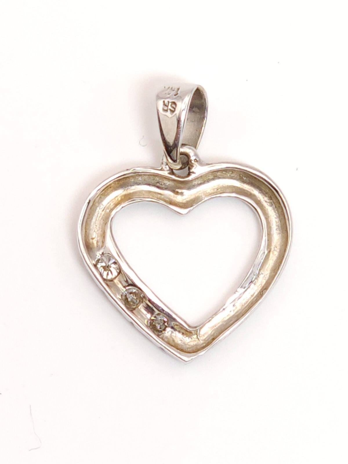*14k White Gold Open High Polish Heart Pendant 3 Three Diamond 1/2 inch signed