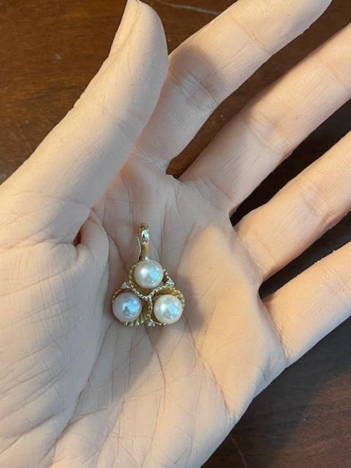 Estate 14k Chinese Three Pearl and Three Diamond Accent Enhancer Pendant 4.8