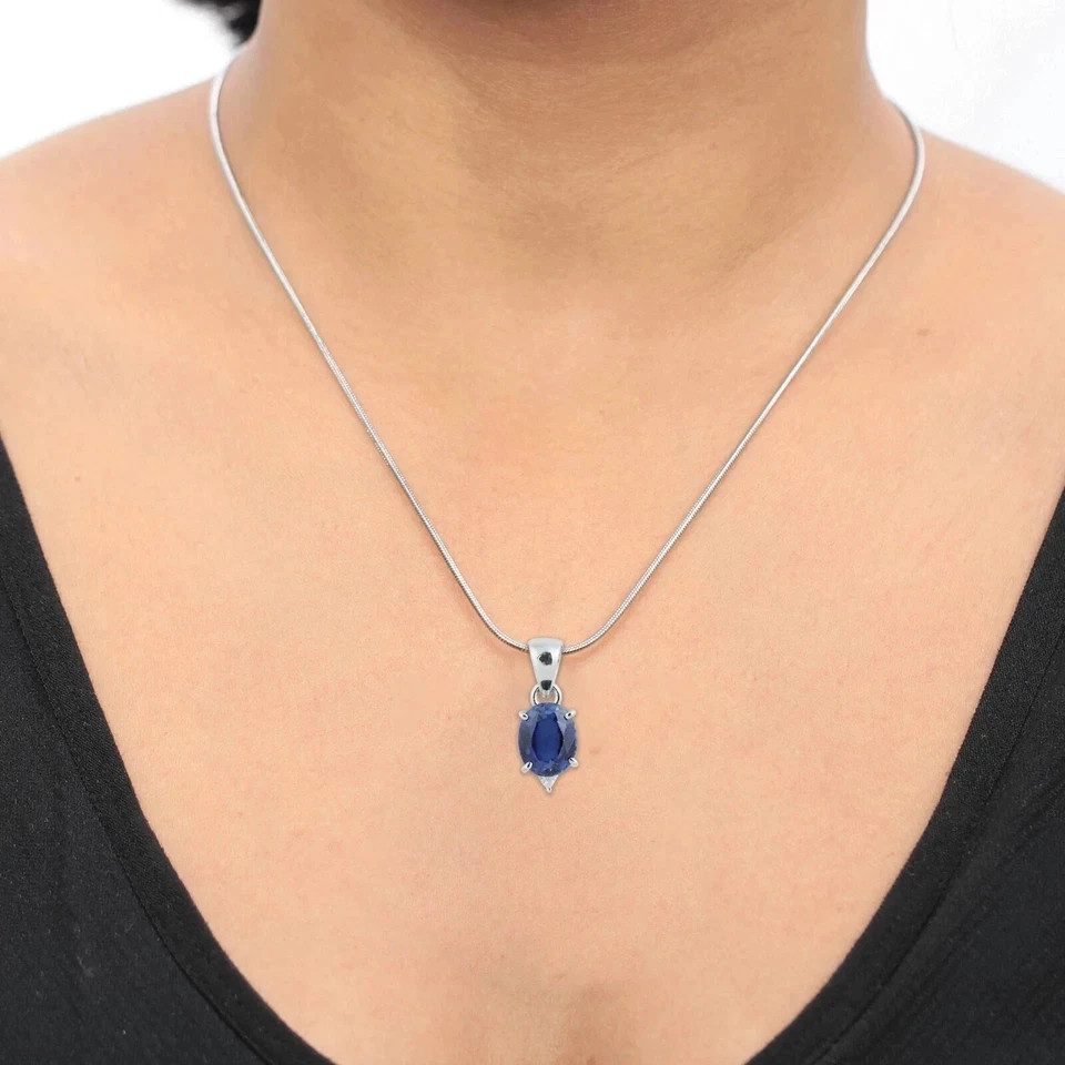 10 Ct Natural Blue Sapphire Pendant 925 Sterling Silver With Silver Chain