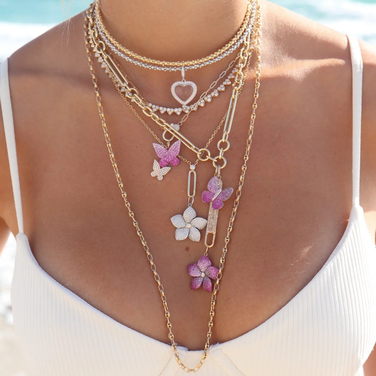 Natural Pink Sapphire Paved Diamond Flower Charm Pendant 14k Solid Gold Fine