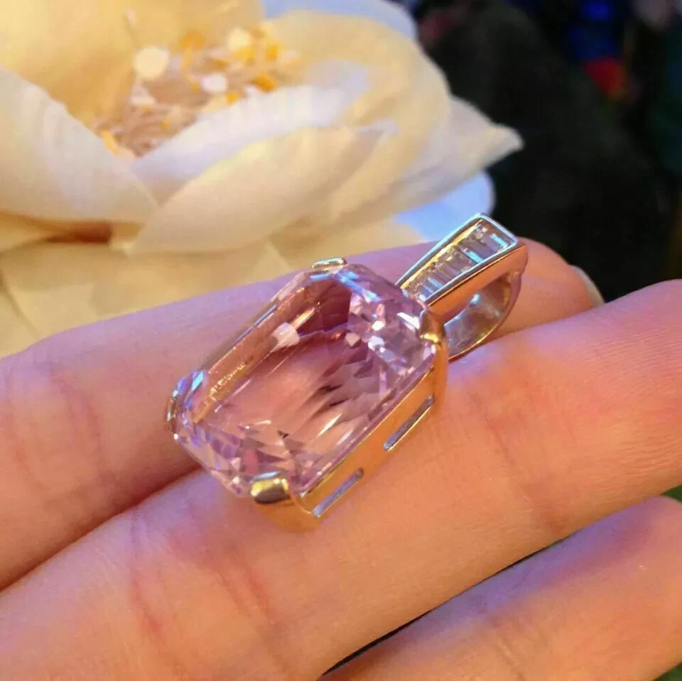 4ct Pink Sapphire Lab Created Baguette Cut Diamond Pendant 18k Yellow Gold Over