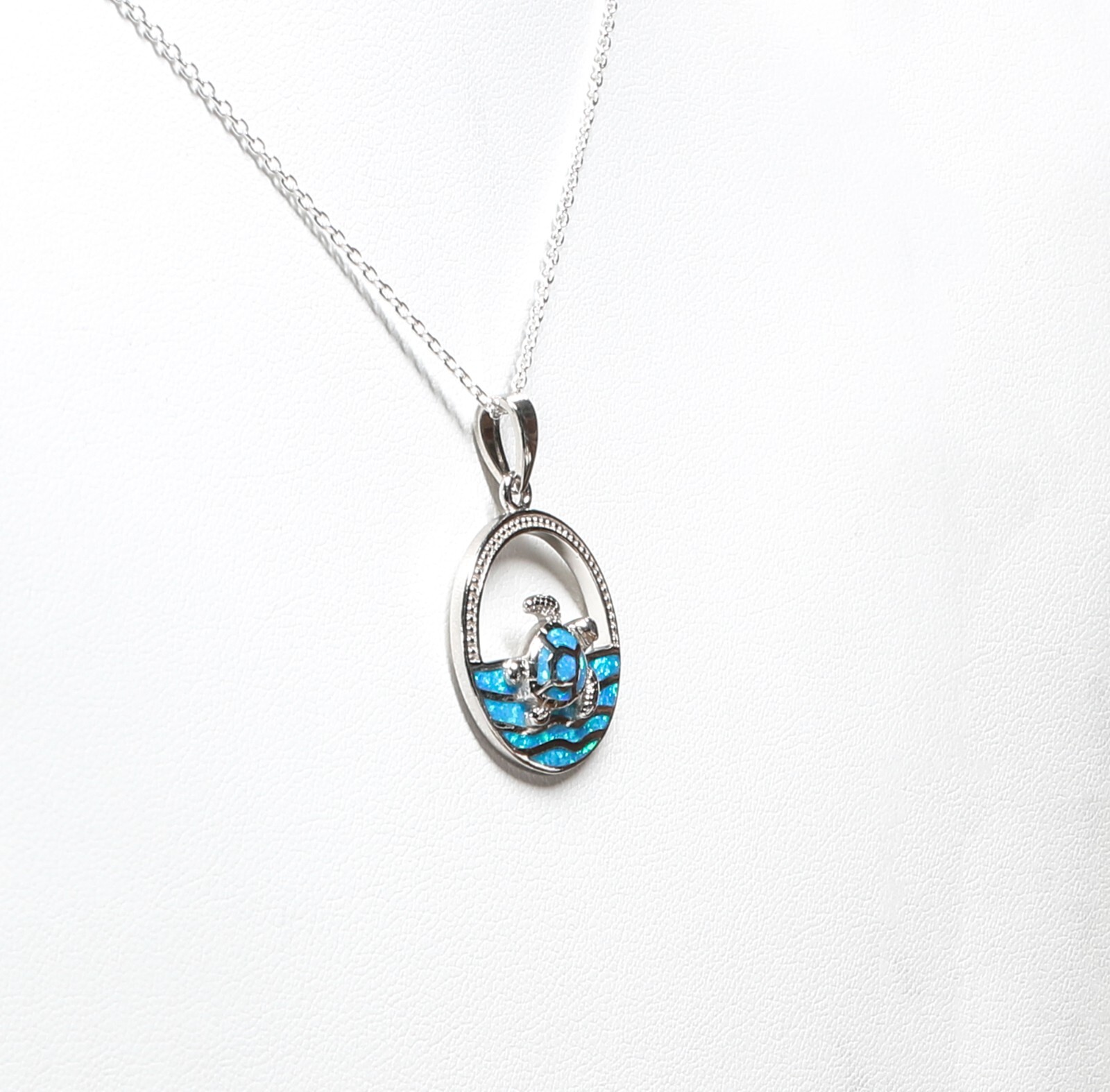 Sterling 26mm Polished Blue Inlay Created Opal Turtle Pendant w/ 18″ SS Chain