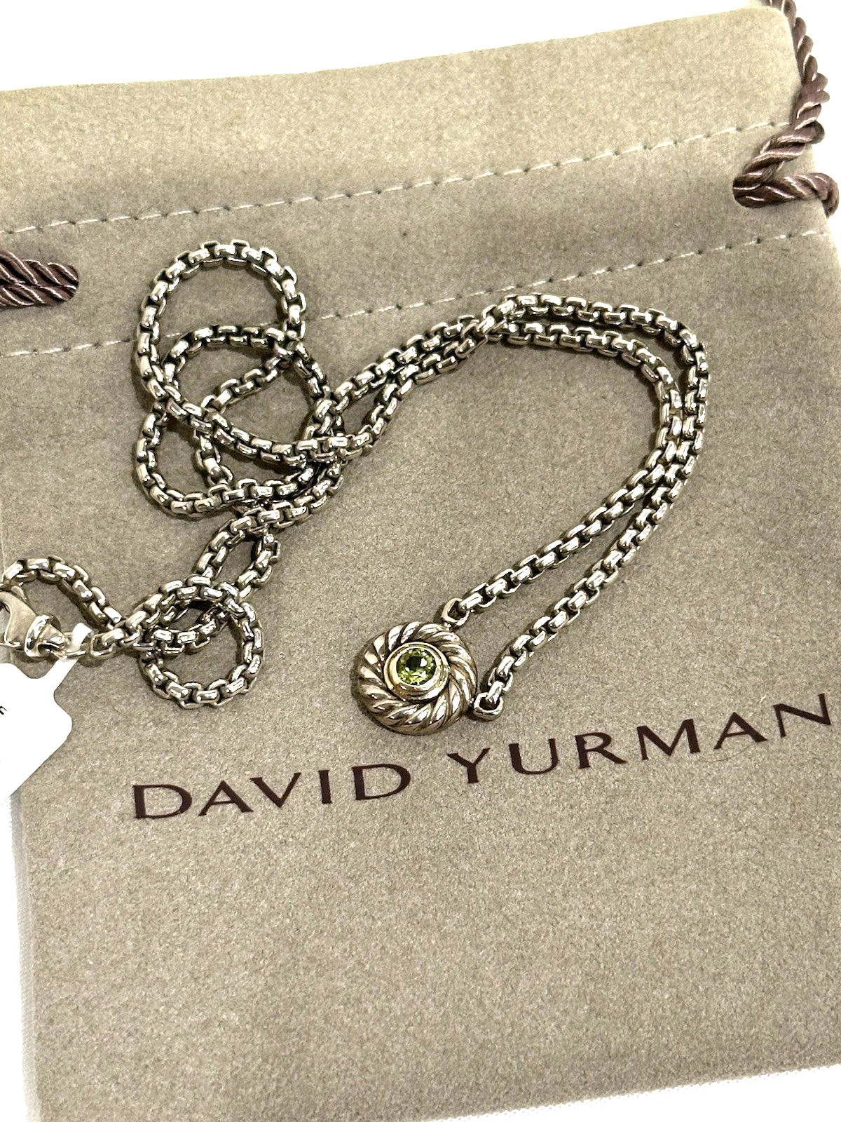 David Yurman 925 & 14k Gold Peridot Cookie Pendant Box Chain Necklace
