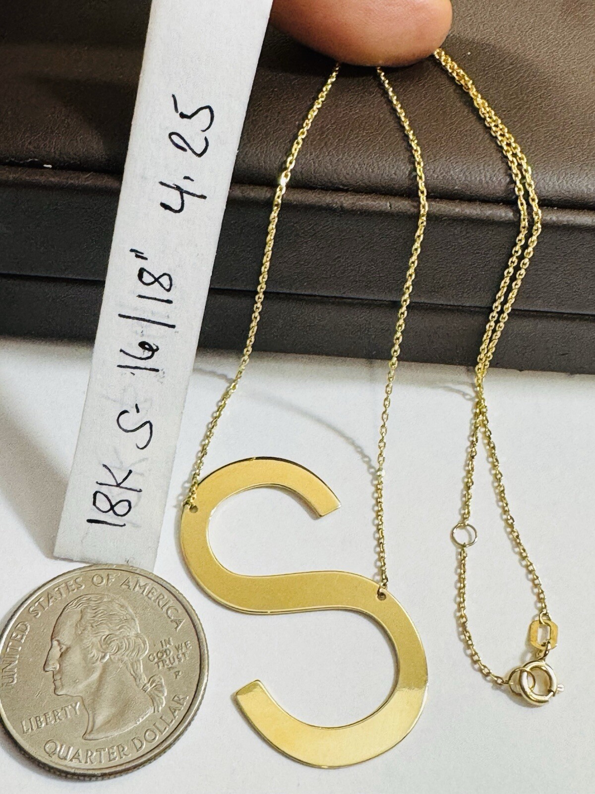18K 750 Fine Pure Gold Letter S initial Necklace 16.5/17.5” Long 1mm 4.2g