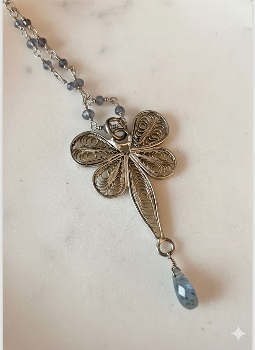 Antique Style Silver Filigree Dragonfly Necklace Labradorite & Aquamarine Beads