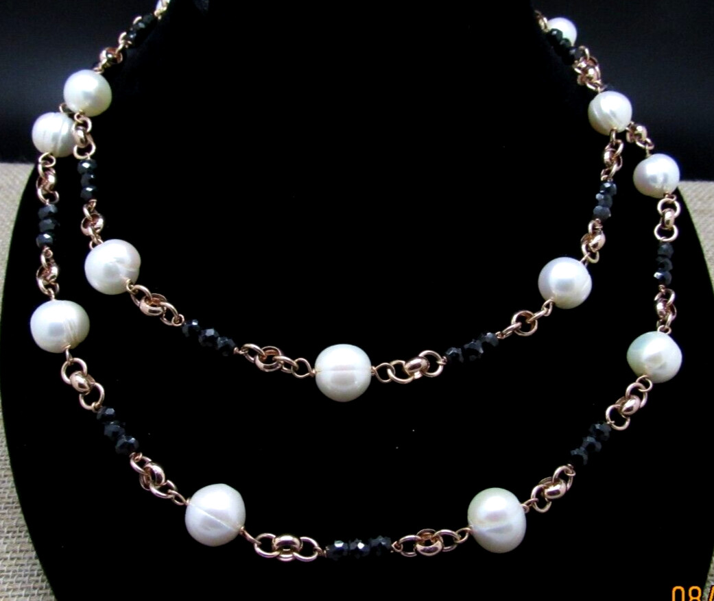 HONORA WHITE PEARL & BLACK BEAD NECKLACE BRONZE MILOR ITALY NEW IN BOX
