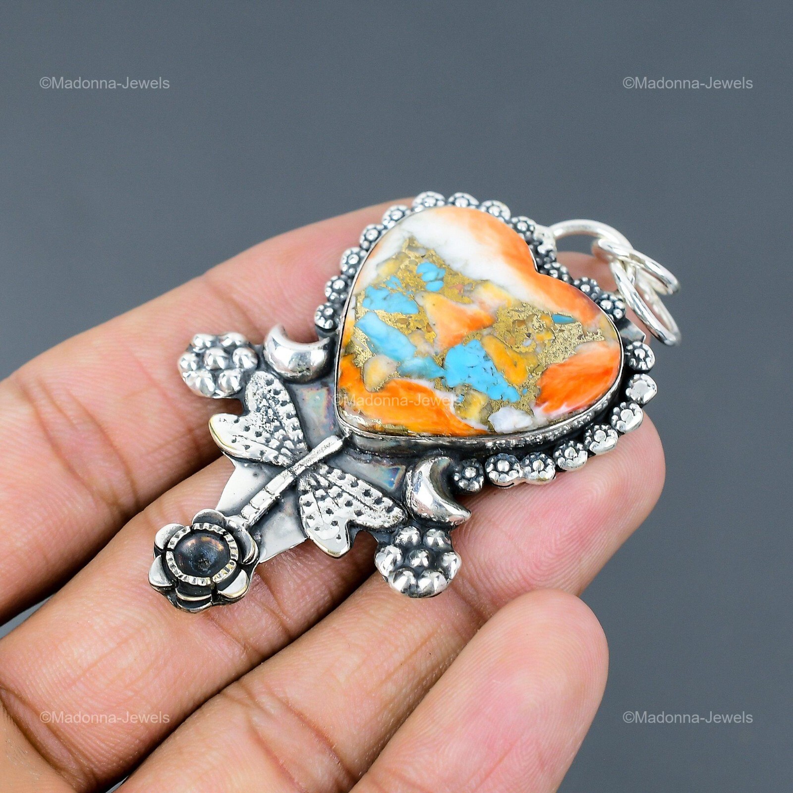 925 Sterling Silver Heart Natural Spiny Oyster Copper Turquoise Pendant Jewelry