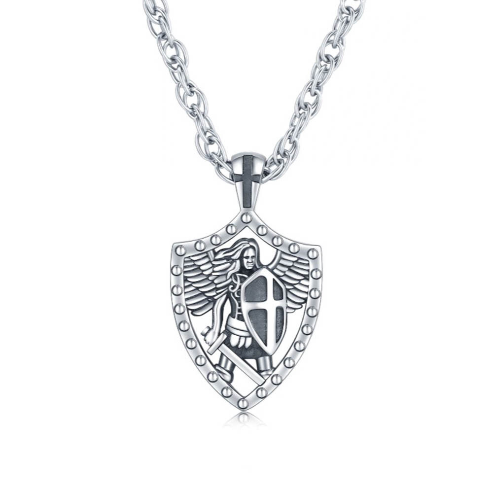 MLD 925 Sterling Silver Saint St Michael Shield Pendant Necklace w/ 22″ Chain