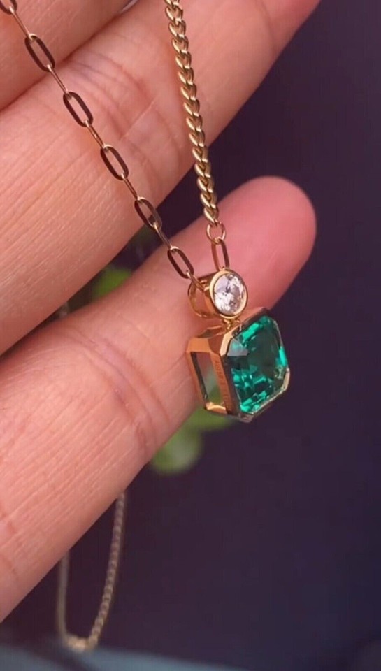 2Ct Asscher Cut Lab-Created Emerald Solitaire Pendant 14K Yellow Gold Plated 18