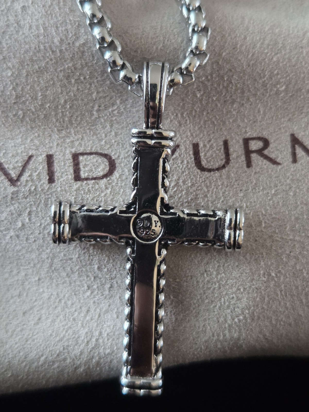 925 Silver David Yurman Chevron Cross with Pave Black Diamonds 22 inches