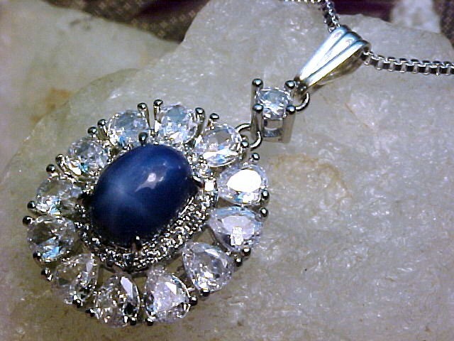 Genuine Blue Star Sapphire Pendant 8x6mm & White Topaz 925 SS White Gold Finish