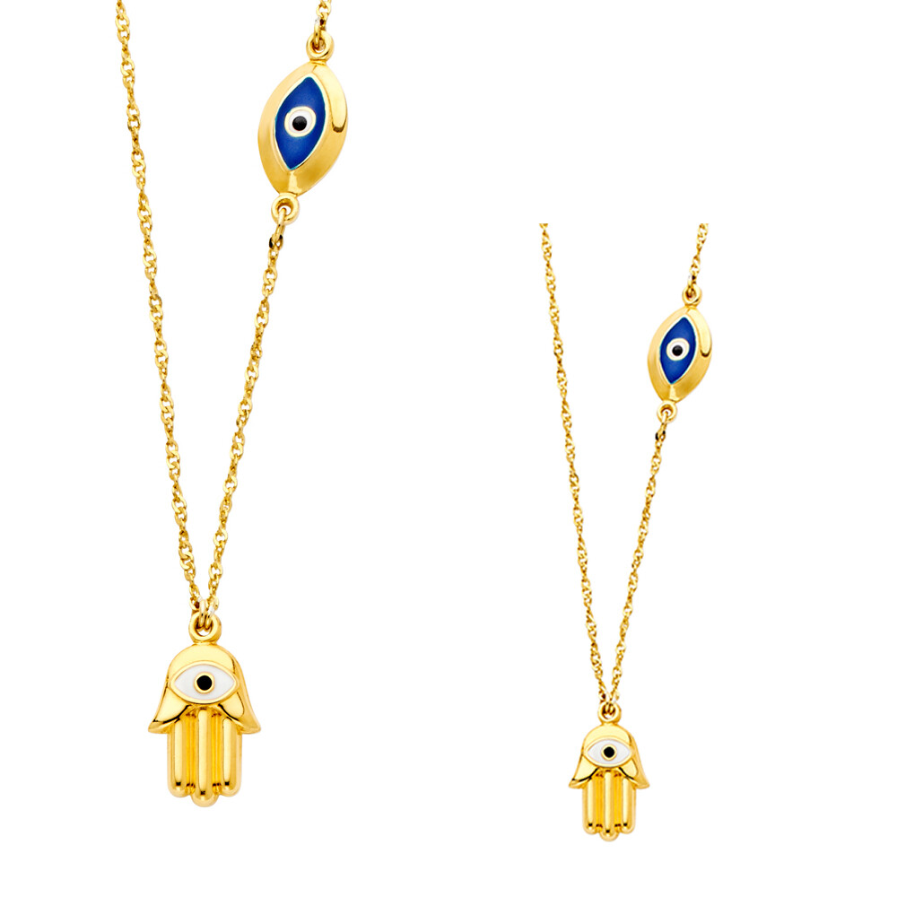 GOLD – 14K Yellow Gold Hamsa + Evil Eye Necklace – 17+1″