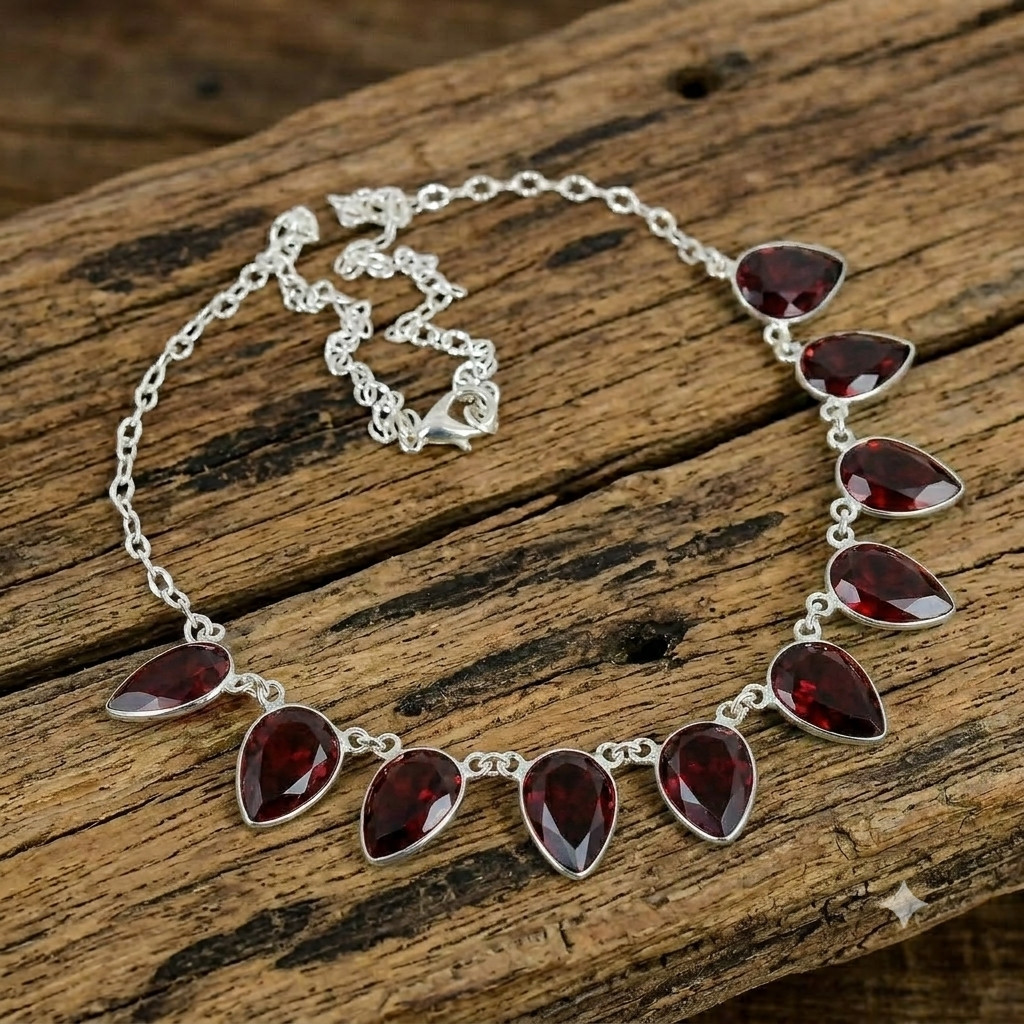 Red Garnet Necklace 925 Sterling Silver Handmade Minimalist Jewelry S-18