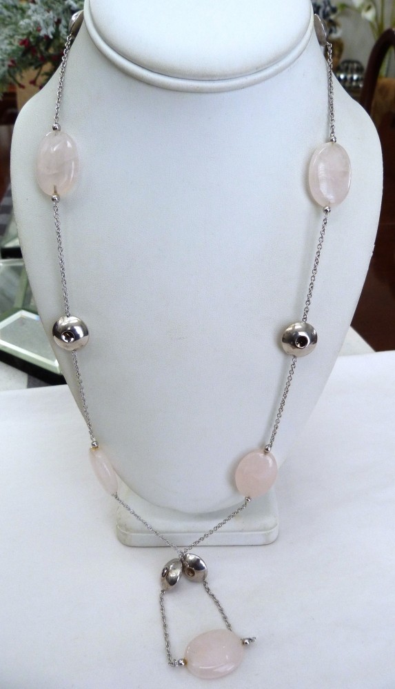 30″ LONG RS ITALY STERLING SILVER OPEN CIRCLE ROSE QUARTZ BEADS CLASSIC NECKLACE