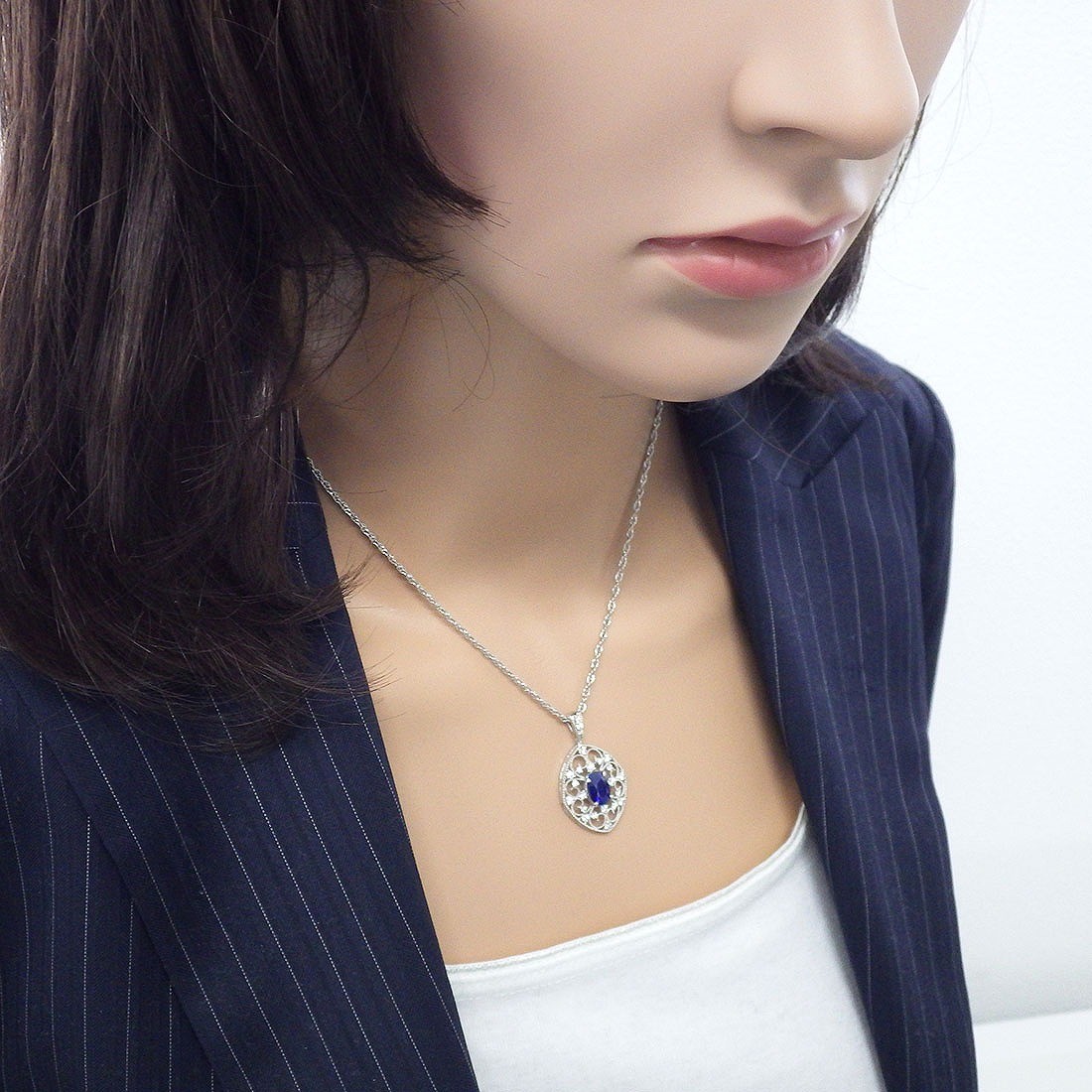 Fine Jewelry Necklace Oval Cut Blue Sapphire Diamond PT900 PT850