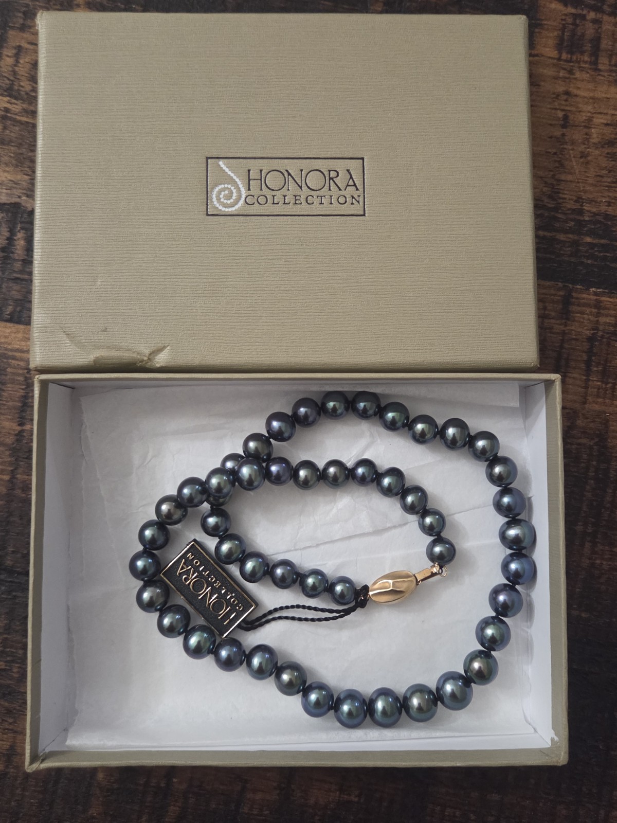 Honora Collection Black Round Pearl Beaded Necklace 14K Yellow Gold Barrel Clasp