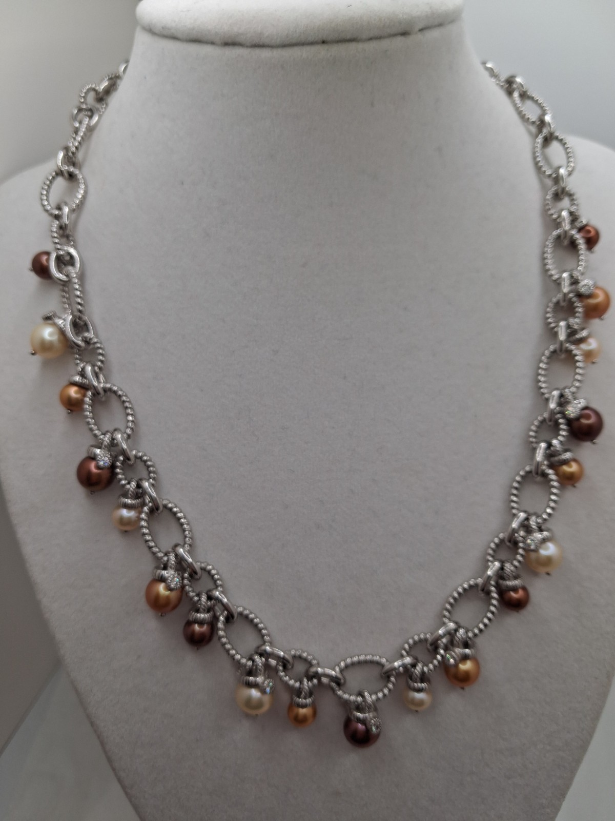 Judith Ripka S925 Multi Gold/Champagn/Choc Cultured Pearl Dangle Necklace-17-19″