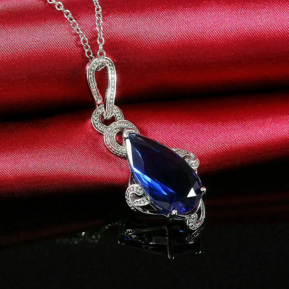 3Ct Pear Cut Blue Sapphire Diamond Teardrop Pendant 14K White Gold FN Free Chain