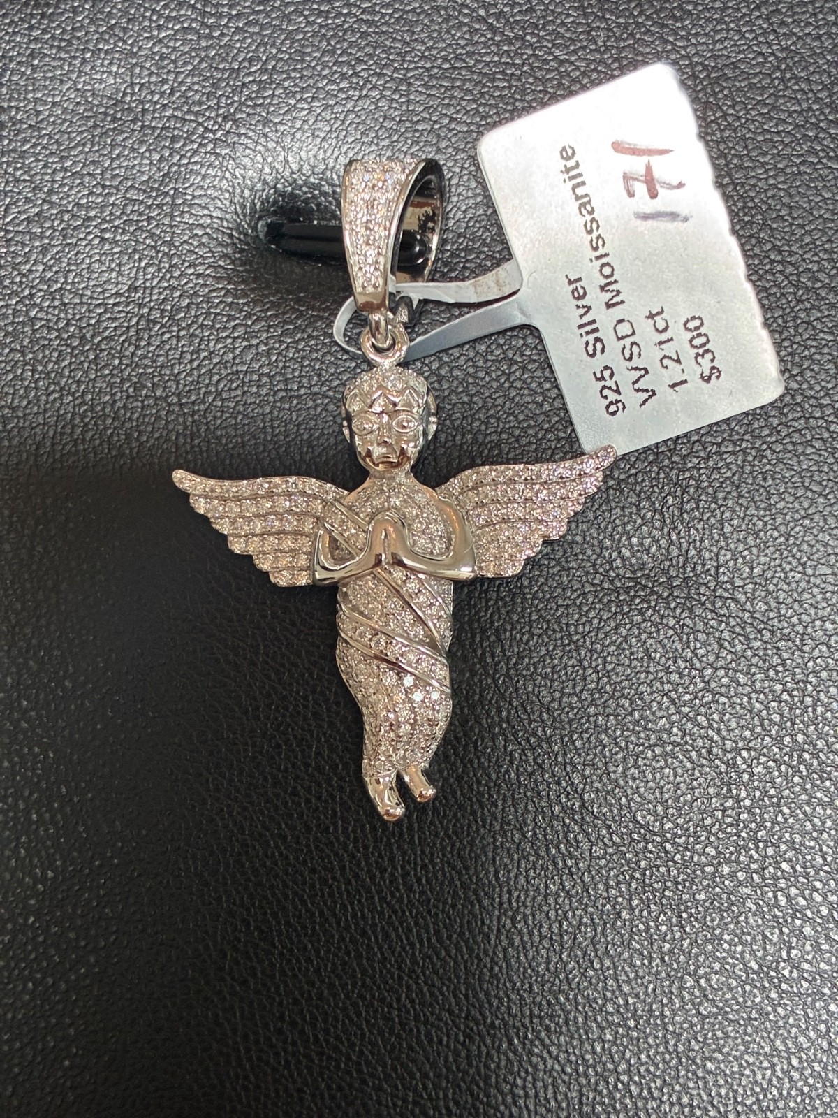 solid sterling baby angel pendent with moissanite