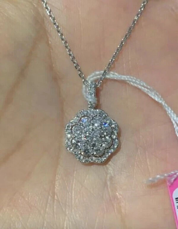 2Ct Round Cluster Diamond Pendant Free Chain 18K White Gold Finish