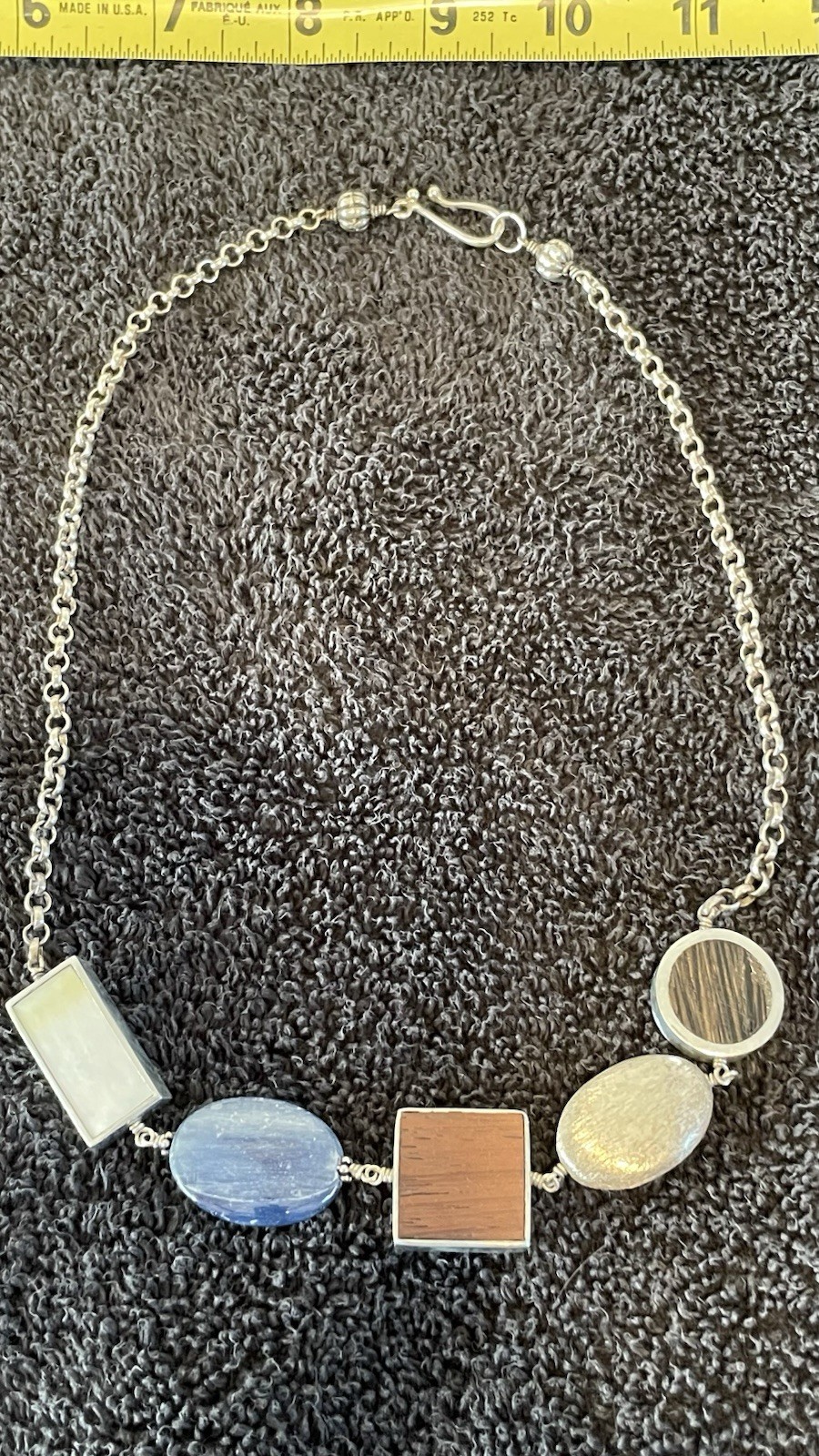 Modernist 925 Sterling Silver Geometric Statement Necklace Wood Stone 31g