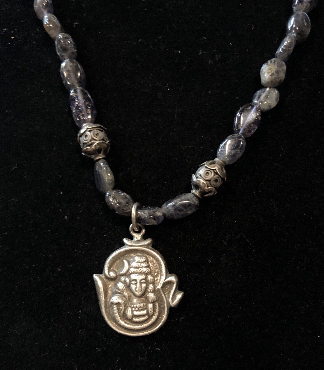 Sterling Silver 925 Buddha Pendant Purple Stone Necklace Ornate Accents