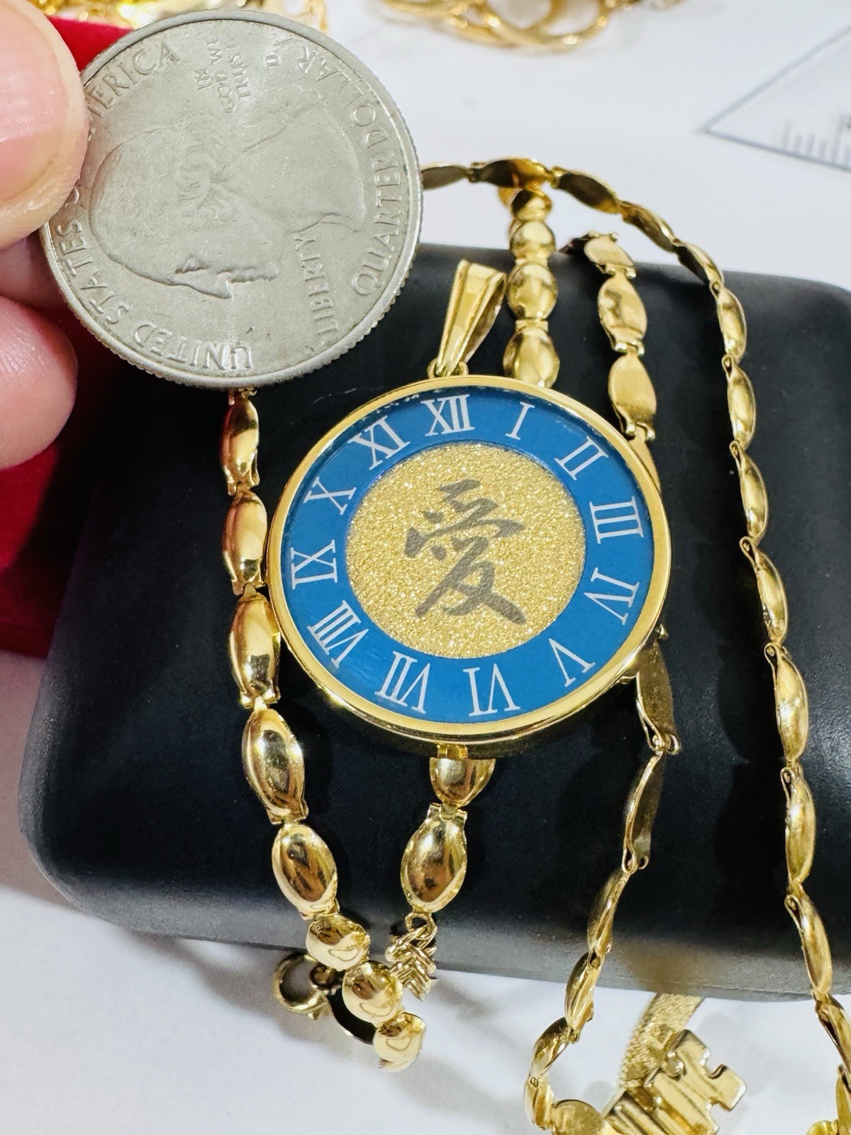 K18 Japan Gold Round Blue Love Pendant Necklace 17/17.5” Long 15g 4mm