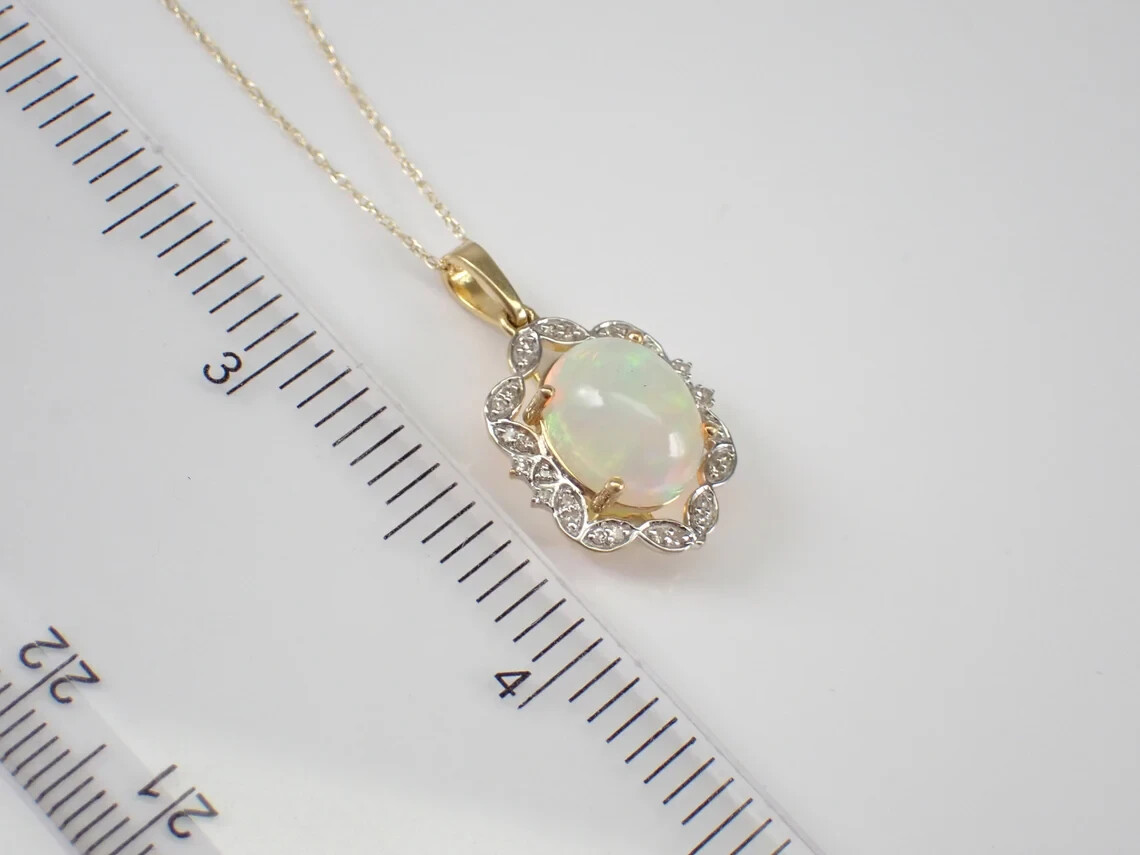 Natural Opal Halo Pendant Necklace 10k Yellow Gold Choker with 18 inch Chain