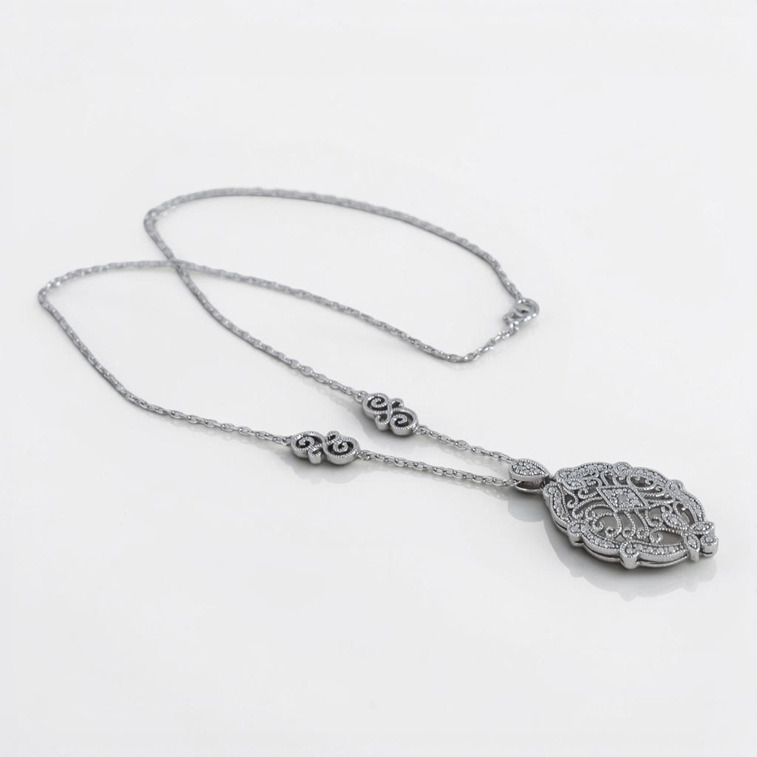 Vintage 925 Sterling Silver Victorian Style Filigree Pendant Necklace Marcasite