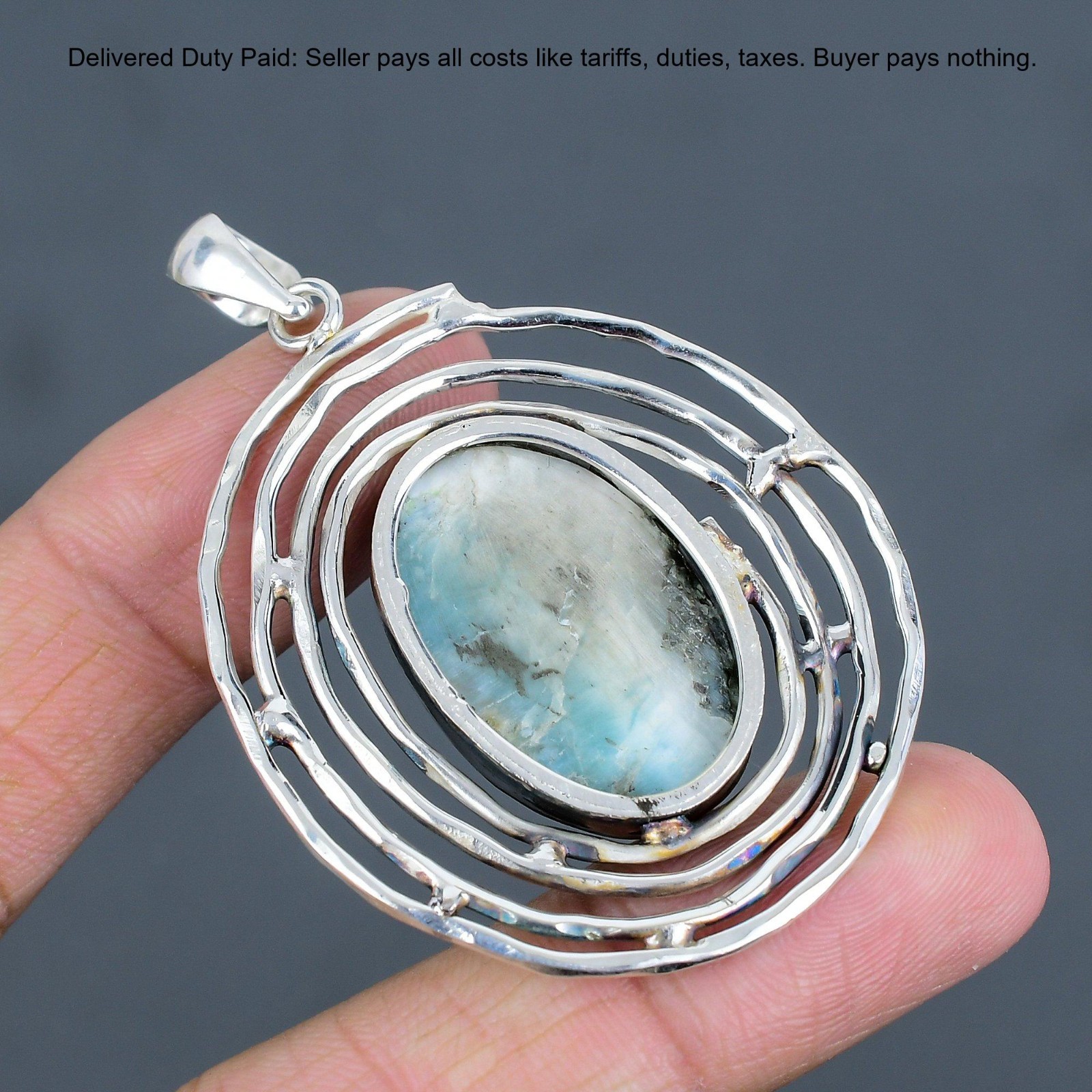 925 Sterling Silver Oval Larimar Gemstone Throat Chakra Birthday Sister Pendant