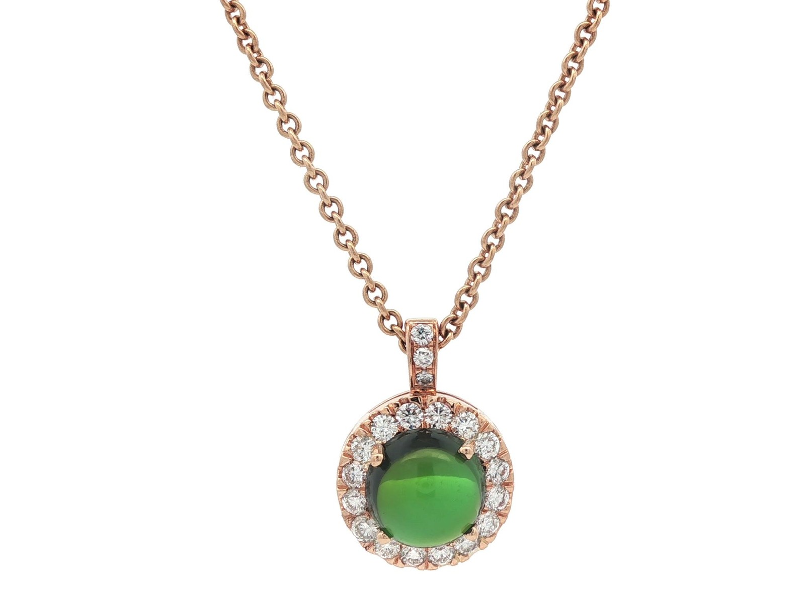 Rosy Yellow Gold High Quality Green Tourmaline Diamond Halo Pendant Necklace